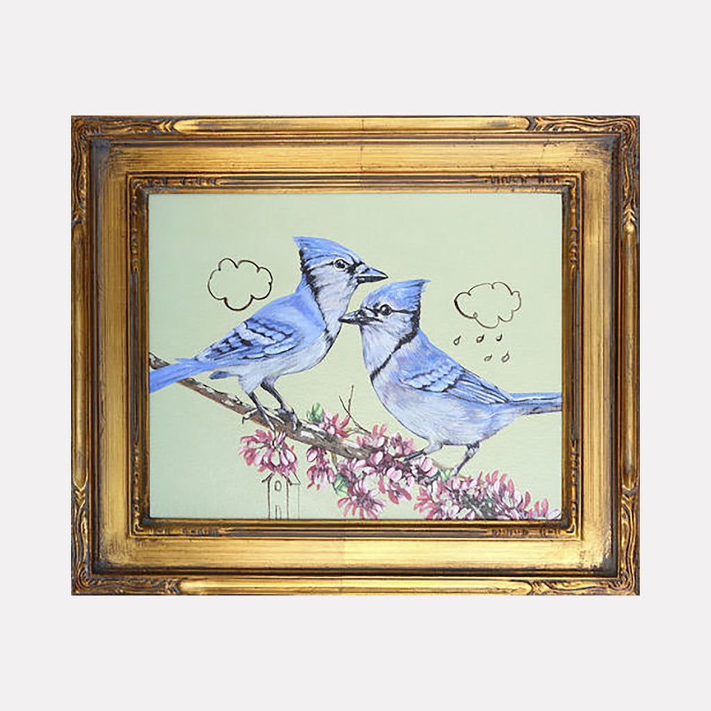 The artwork "Planning for the Future" by Carlos Gamez de Francisco features two detailed blue jays perched on a blossoming branch against a muted green background, with simple line-drawn clouds above them. The piece combines delicate textures and soft pastel colors, framed in an ornate golden frame, evoking themes of nature and hope.