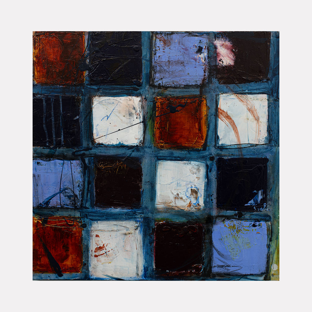 Playdate in the City III by Deb Chaney features a vibrant grid of textured squares with bold reds, deep blues, blacks, and off-white tones, layered with abstract brushstrokes and subtle scratches, creating a rich, urban-inspired contemporary art composition.