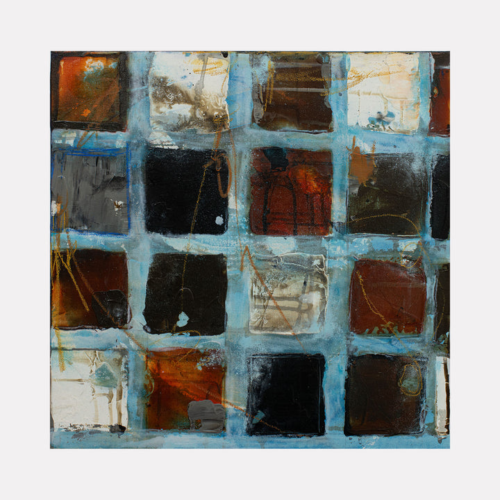 Playdate in the City II by Deborah Chaney features a grid of textured squares in rich rusts, deep blacks, and muted blues, combining layered abstract forms and subtle lines to evoke an urban-inspired contemporary art piece with a contemplative and dynamic atmosphere.