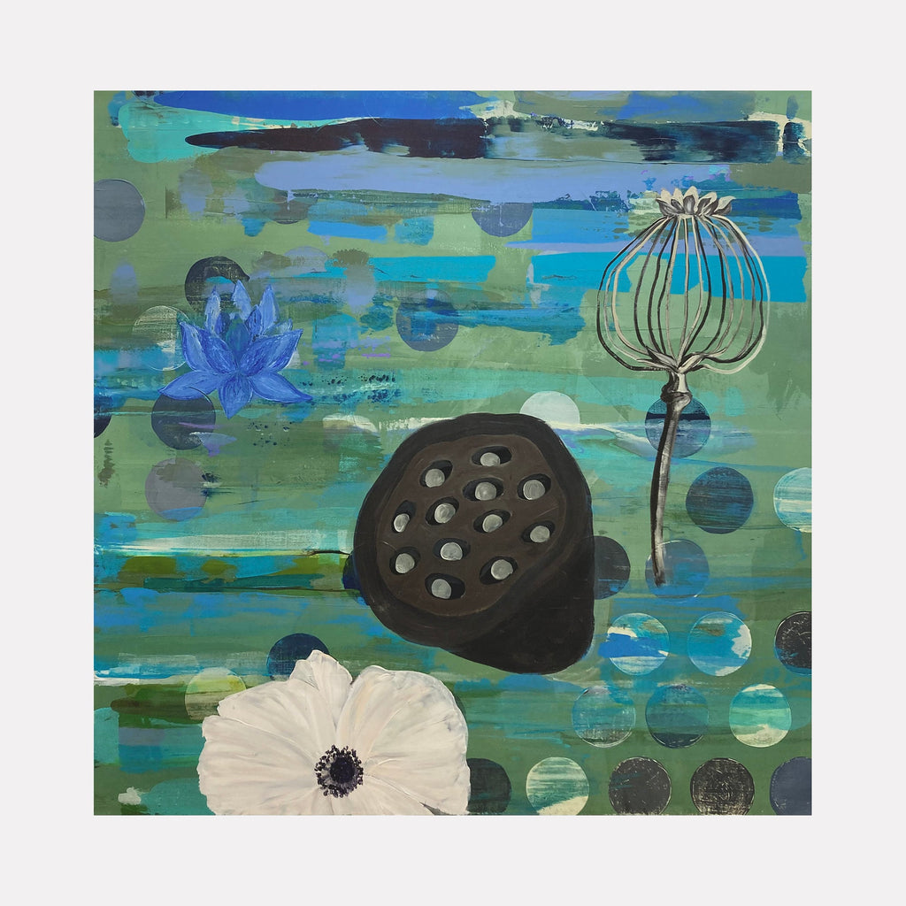 The artwork "Pod Play" by Karen Nielsen-Fried features an abstract composition with botanical forms including a black seed pod, a white flower, and a delicate blue blossom against a textured background of layered blues, greens, and muted grays. The interplay of organic shapes and varied brushstrokes evokes the contemplative abstraction seen in works by Georgia O’Keeffe and Agnes Martin.