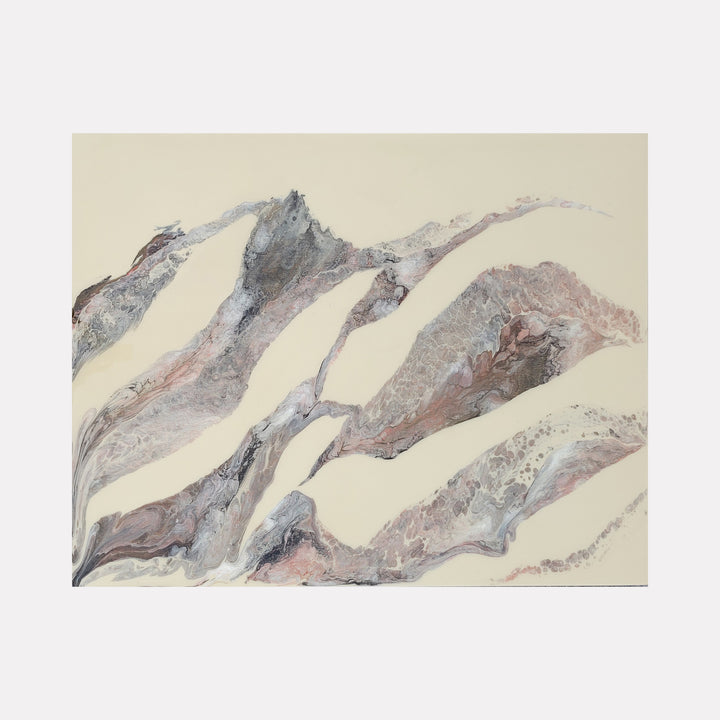Poetic Flow by Swann Freslon presents a serene abstract composition of soft, swirling forms in muted grays and gentle earth tones against a creamy background, evoking a sense of natural movement and quiet elegance through fluid, elongated shapes that suggest a gentle, poetic rhythm.