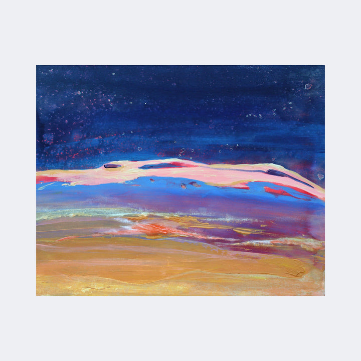 The artwork "Polar Stratosphere" by Carla Forrest features a vibrant abstract landscape with bold, flowing layers of color. Deep blues and purples dominate the sky, evoking a starry night, while sweeping bands of pink, red, and orange blend into earth tones below. The textured washes and fluid brushstrokes recall the atmospheric moods found in works by Helen Frankenthaler and J.M.W. Turner.