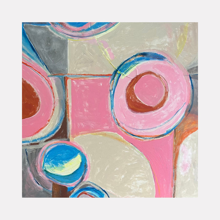 The artwork 'Pop Stand' by Beth Barry features abstract circular forms in pink, blue, and terracotta tones against a neutral gray background. The composition includes sweeping arcs and geometric shapes, with concentric circles creating a dynamic, modern aesthetic. The acrylic painting on canvas combines bold color blocks with subtle textural brushwork, creating a playful, contemporary piece.