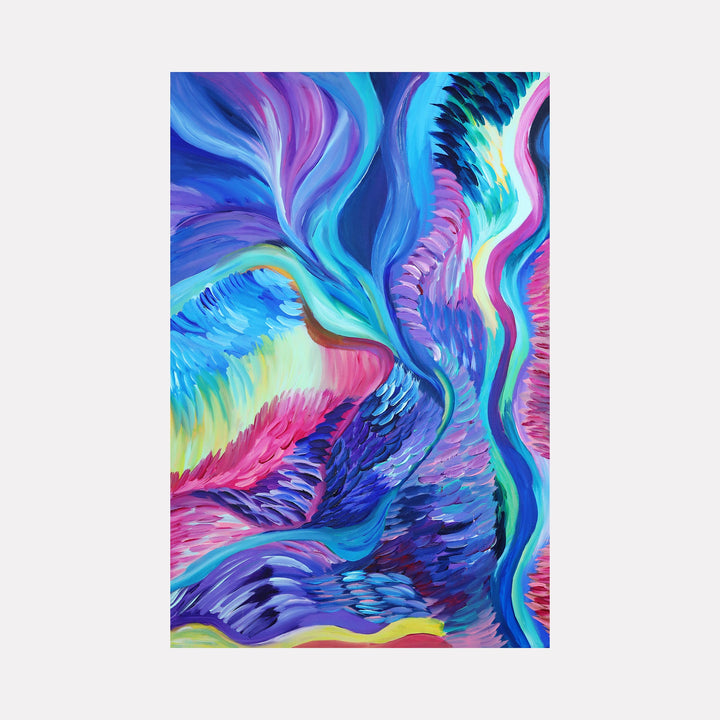 The artwork "Positive Changes" features vibrant swirling shapes and textured brushstrokes in shades of blue, purple, pink, and teal, creating a dynamic and flowing abstract composition. The interplay of light and dark hues adds depth and movement throughout the piece. By Kim Rosebud.