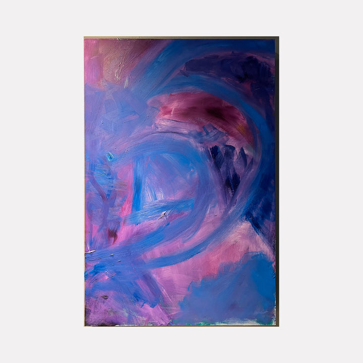 The artwork 'Possibilities Too' by Genevieve Antonello features dynamic swirls of vibrant blues and magentas in an abstract expressionist style. Bold brushstrokes create movement across the oil painting, with deep cobalt blues flowing into soft rose pink hues. The textured surface reveals energetic paint application on board, creating a dreamlike atmospheric composition. By Genevieve Antonello.