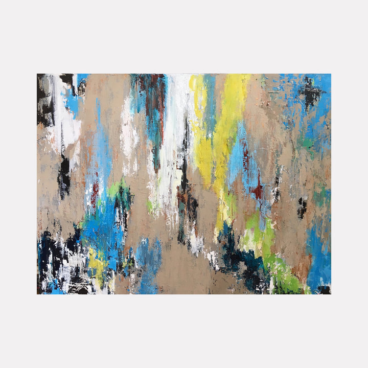 The artwork "Post No Bills" by Benna Holden features an abstract composition with textured layers of earthy browns, vibrant blues, bright yellows, and touches of white and black. The style evokes the raw, expressive brushstrokes reminiscent of artists like Willem de Kooning and Joan Mitchell, blending dynamic movement with a harmonious balance of color and form.