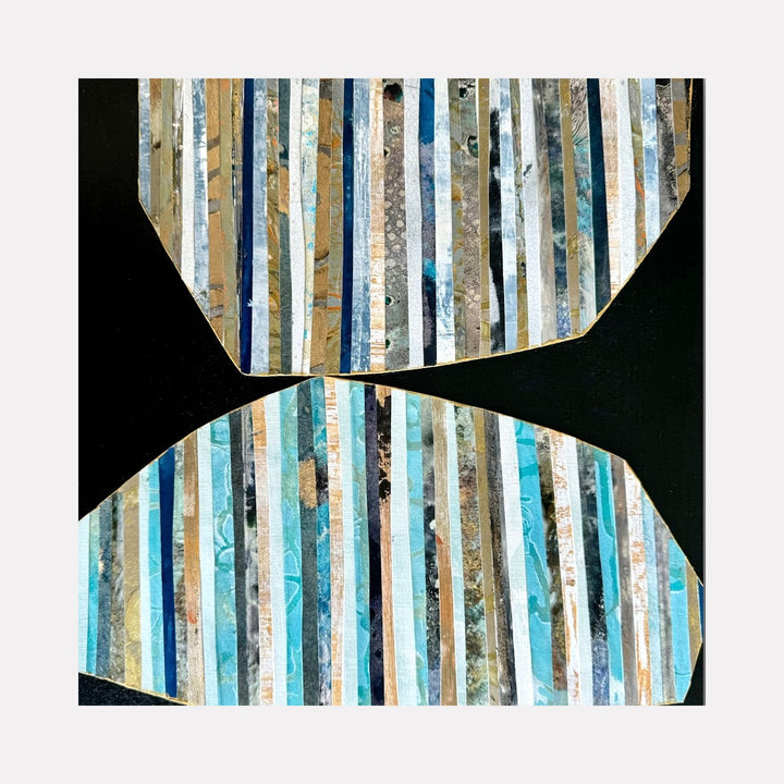 The artwork 'Power of Touch' by Nicole Hitchcock features two curved forms filled with vertical striped collage elements in turquoise, white, beige, and brown against a deep black background. The layered paper strips create a textured, geometric pattern reminiscent of birch trees or natural elements, with a dynamic split composition that suggests connection and movement.