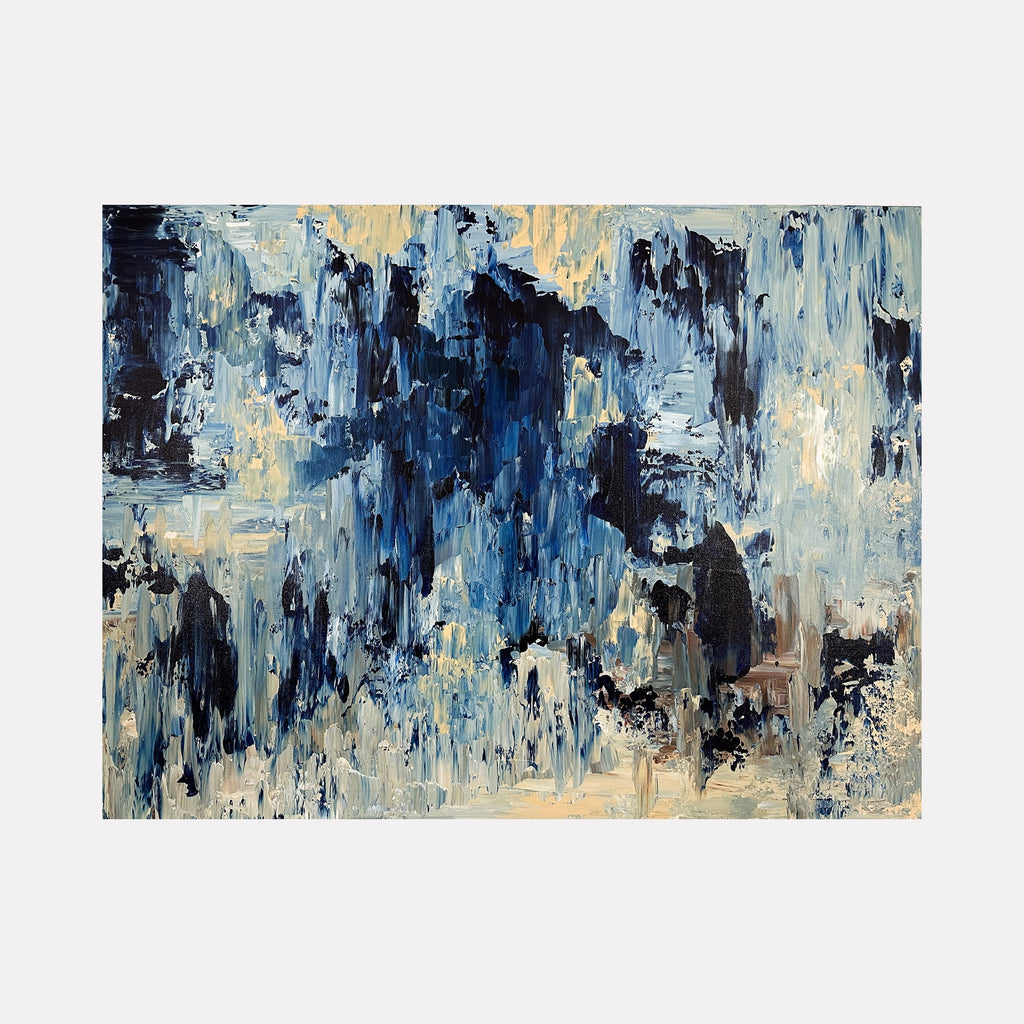 The artwork "Powerful Joy" features an abstract composition with thick, textured brushstrokes in varying shades of blue, cream, and black, evoking a sense of movement and depth reminiscent of works by Gerhard Richter. The dynamic layering and blending of colors create an expressive, modern style. Dorothea Sandra.