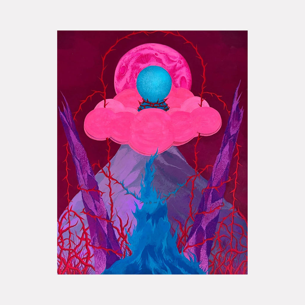 The artwork "Premonition" features a surreal scene with vibrant pink clouds supporting a blue orb encircled by a crown of thorns, set against a deep magenta background with a textured pink moon. Purple, jagged structures rise from a blue, flame-like form surrounded by red thorny branches, creating a mystical and intense atmosphere by Tyler Sorgman.