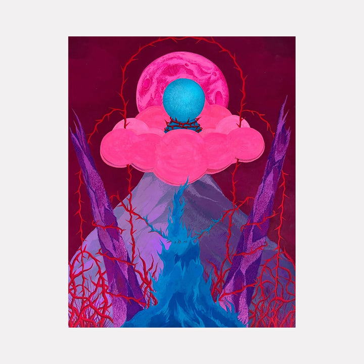 The artwork "Premonition" features a surreal scene with vibrant pink clouds supporting a blue orb encircled by a crown of thorns, set against a deep magenta background with a textured pink moon. Purple, jagged structures rise from a blue, flame-like form surrounded by red thorny branches, creating a mystical and intense atmosphere by Tyler Sorgman.