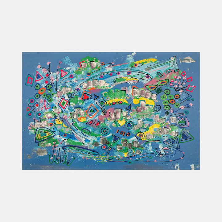 The artwork "Pretty City Art" features an abstract composition with vibrant geometric shapes including diamonds, circles, and triangles scattered across a textured blue background. Bold lines and splashes of green, yellow, red, and pink create a dynamic, urban-inspired visual reminiscent of Kandinsky’s abstract expressionism. Dorothea Sandra.