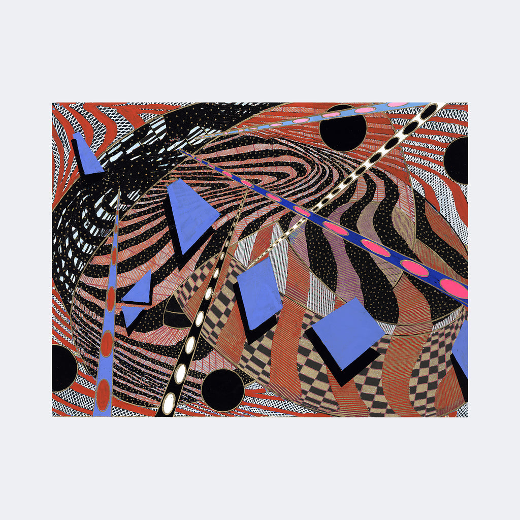 The artwork "Primordial Goo" by Amy Cheng features dynamic swirling patterns in earthy tones of red, black, and beige with blue geometric shapes floating across the composition. Created using gouache and oil marker on paper, its abstract style and intricate textures evoke the fluid forms found in works by Wassily Kandinsky and Bridget Riley.
