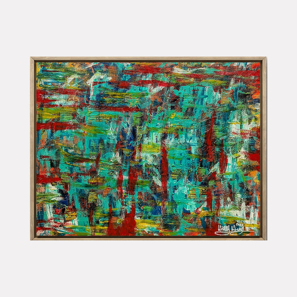 The artwork "Processing Anger" by Hillary Hany showcases a bold expressionist landscape composed of layered brushstrokes in vibrant turquoise, deep reds, golden yellows, and dark shadows. The textured surface and dynamic color contrasts evoke the emotional turbulence seen in works by Willem de Kooning and the energized abstraction of Joan Mitchell.