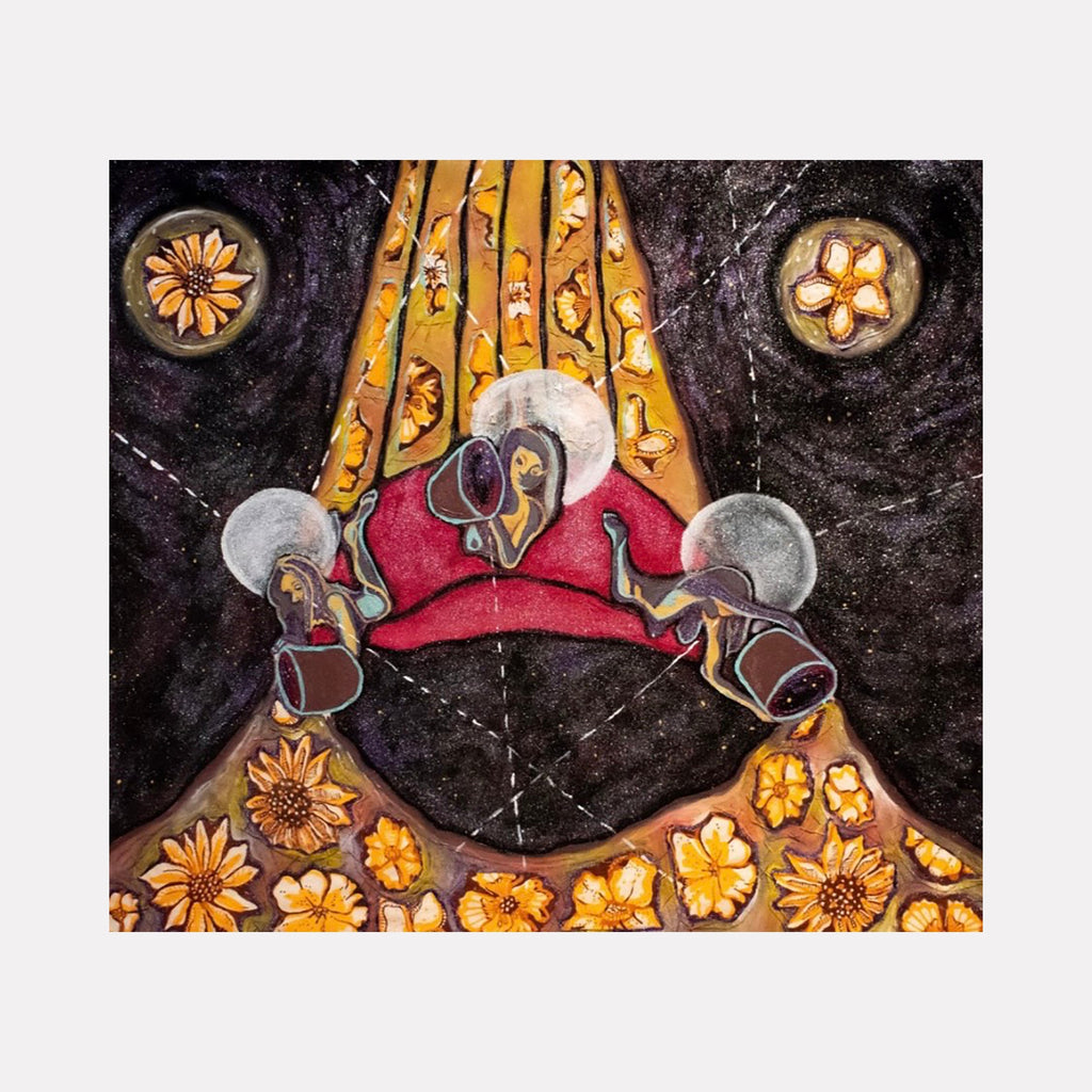 The artwork "Progress" by Laurie Shapiro depicts abstract figures with intricate patterns in warm tones of yellow, gold, and red against a dark, textured background. The composition features circular floral motifs and dynamic lines suggesting movement and growth. The piece combines a blend of organic shapes and detailed textures. Laurie Shapiro.