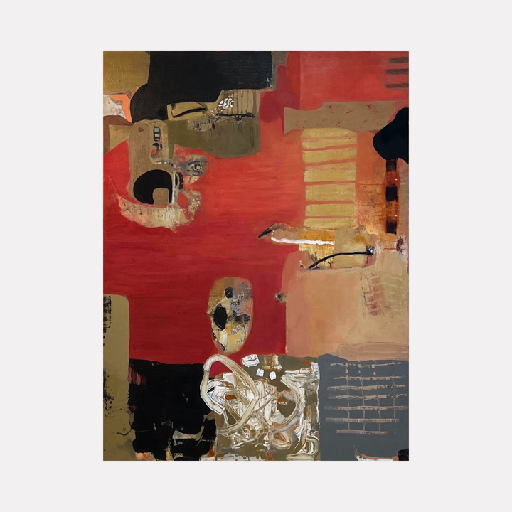 Promenade by Diane Lounsberry-Williams reveals a layered abstract scene with vibrant reds and ochres contrasted by deep blacks and muted grays. Textured markings and architectural forms emerge subtly, evoking a dynamic urban rhythm and a sense of reflective movement in a warm, evocative composition.