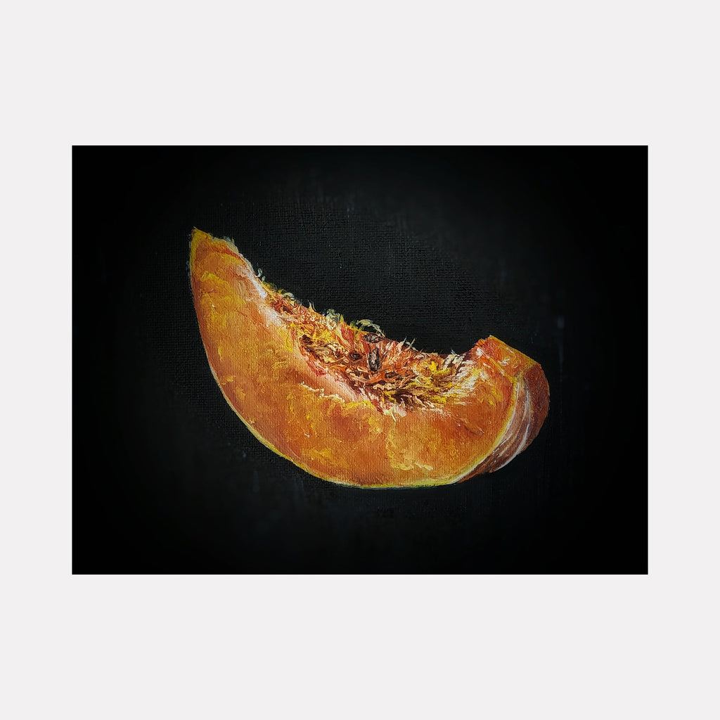 The artwork 'PUMPKIN SL(P)ICE & ALL THINGS NICE' by Shweta Matai features a vibrant oil painting of a pumpkin slice against a dark background. The slice shows rich orange hues with textured flesh and seeds, demonstrating realistic detail and dramatic contrast. The painting captures the natural curves and internal structure of the pumpkin segment with masterful brushwork.