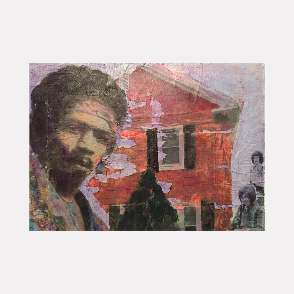 The artwork "Purple Glaze" features a textured, abstract portrayal of a man with an afro in the foreground, set against a weathered red house with peeling paint in the background. The muted purple and red tones create a layered, vintage effect reminiscent of Robert Rauschenberg's mixed media style. Product by Robert Dec.