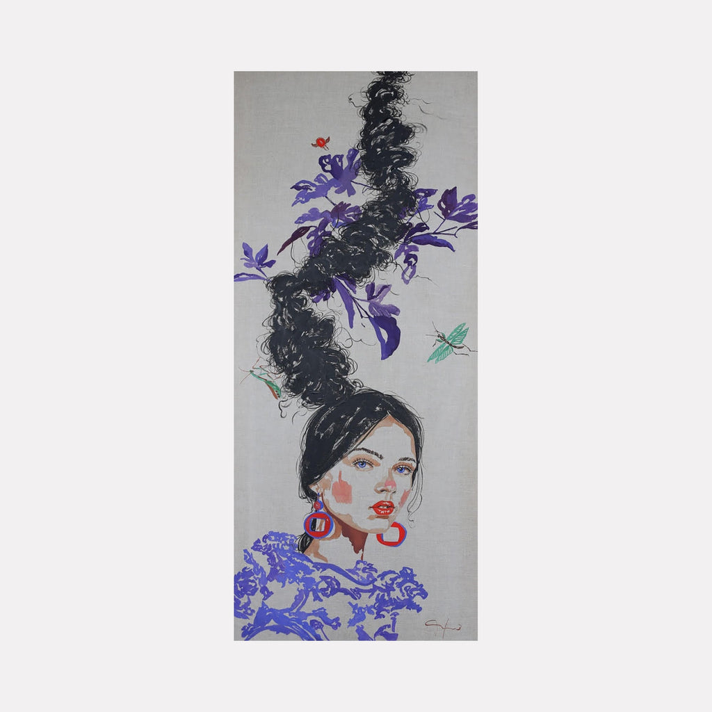 The artwork "Purple Leaves" by Carlos Gamez de Francisco features a stylized portrait of a woman with flowing black hair extending upwards entwined with vibrant purple leaves and branches. The composition includes subtle red and green accents, with detailed brushstrokes capturing texture and depth on a neutral background.