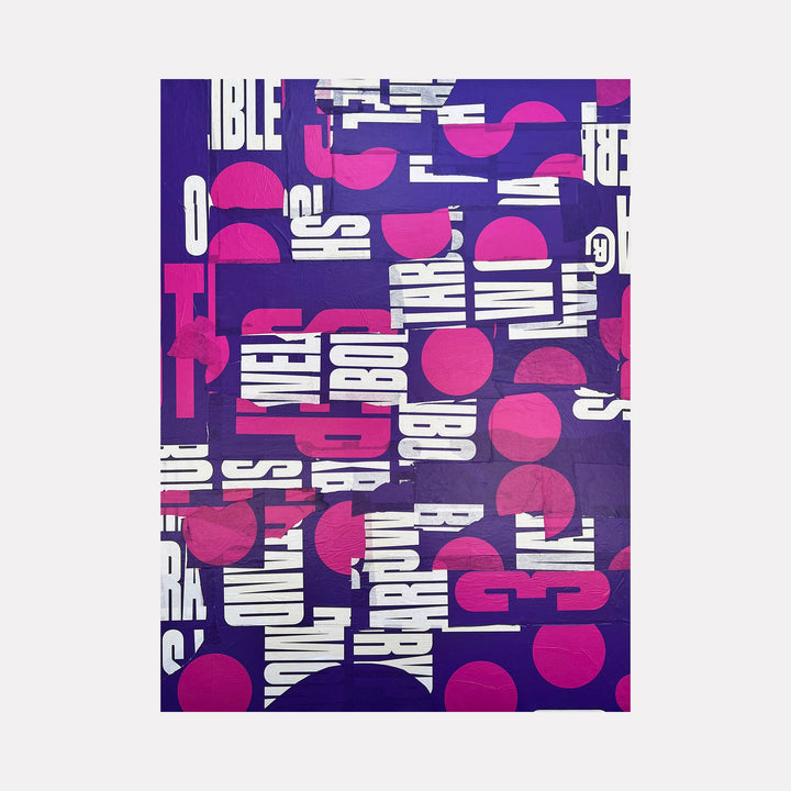 The artwork "Purple & Pink" features a bold composition of geometric shapes and fragmented typography in vibrant purple and pink hues, contrasted by white text elements. The piece showcases a layered, abstract style with a mix of circles and rectangles creating a dynamic visual texture. By Amy Turner.