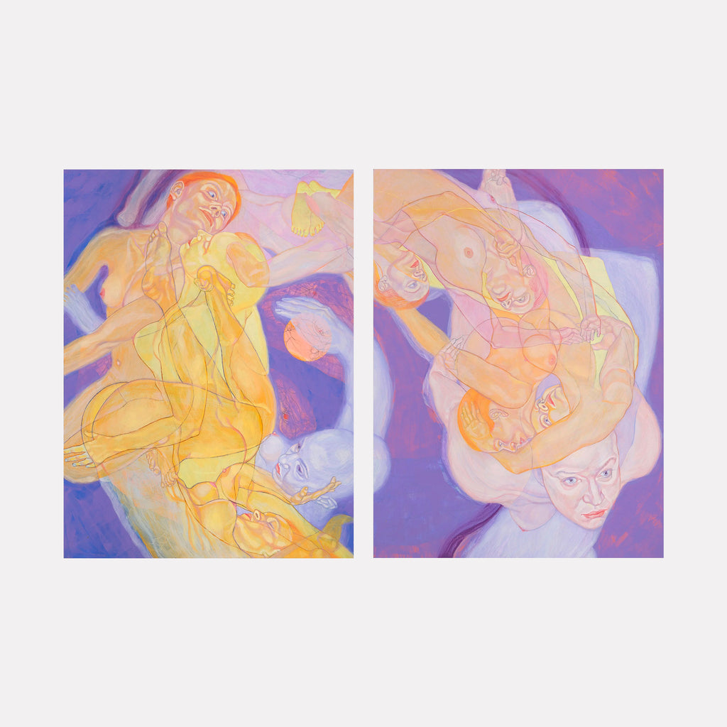 The artwork "Purple Ribbon" by Sol Kjok features ethereal, overlapping human figures rendered in soft oranges and pinks against a luminous purple and lavender background. The layered, translucent forms create a sense of movement and psychological depth, reflecting the introspective and figurative abstraction styles reminiscent of Egon Schiele and Francis Bacon.