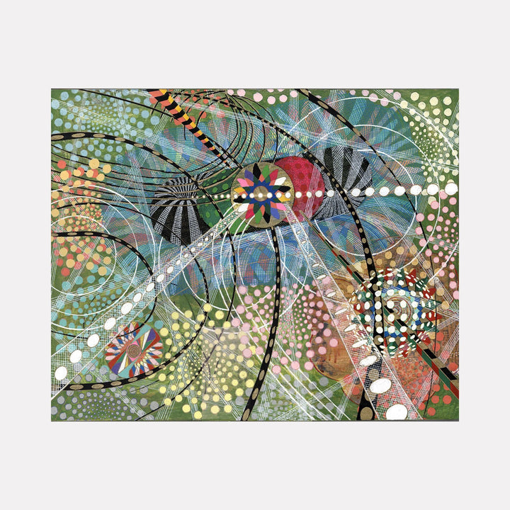 The artwork "Quantum Waves" features swirling black and white circular patterns interwoven with colorful geometric shapes in red, blue, green, and orange. The background displays layered textures and dotted gradients, creating a dynamic sense of movement and depth in an abstract, modern style. By Amy Cheng.