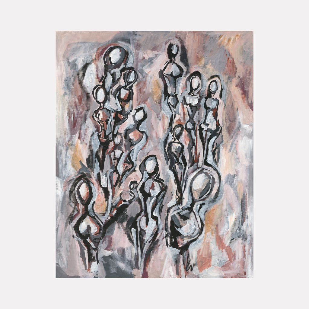 The artwork "Quiet Strength" features abstract human figures rendered in muted tones of gray, brown, and black with white highlights, creating a textured, layered effect that conveys emotion and depth. The figures appear interconnected, emphasizing unity and resilience. The painting uses bold brushstrokes and organic shapes. Kaitlin Andrews.