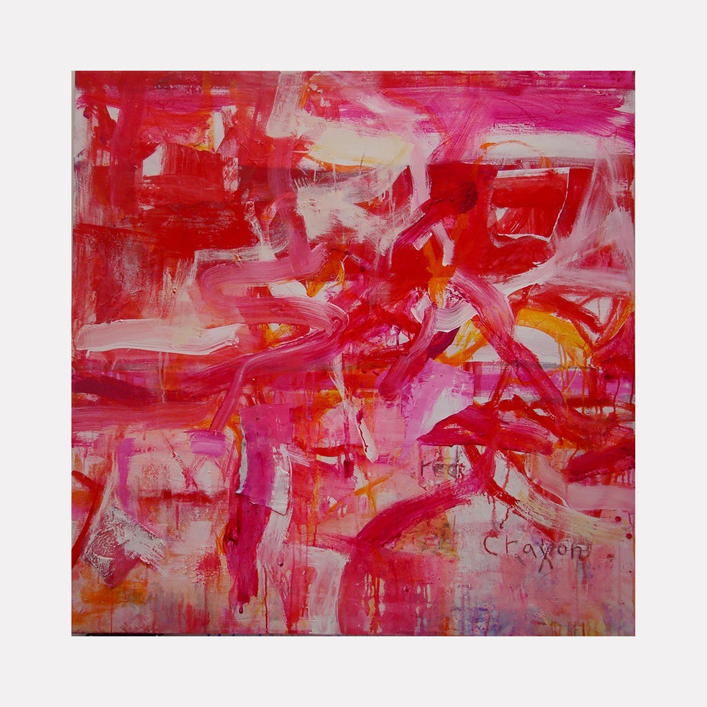 The artwork "RED CRAYON" by Amadea Bailey features vibrant abstract brushstrokes dominated by bold reds and pinks, with hints of orange and white blending seamlessly. The textured layers and dynamic fluid shapes evoke the energetic style of artists like Joan Mitchell and Cy Twombly, creating a lively, expressive composition.