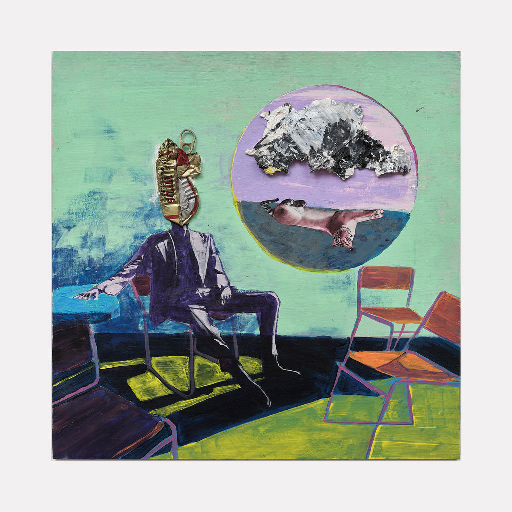 The artwork "On the brink of remembering" by Roger Hsia features a mixed media composition with a surreal figure seated among scattered chairs against a greenish-blue background. Textured collage elements form the figure’s head and a circular motif with abstract shapes in muted purples and grays, evoking surrealism and the layered complexity seen in works by Max Ernst and Odilon Redon.
