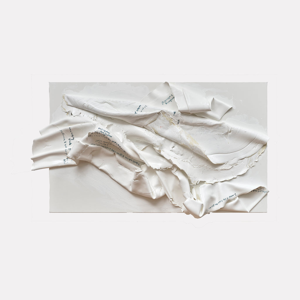 The artwork "Thoughts, feelings and other incidentals" by Roger Hsia features a textured white acrylic composition resembling crumpled fabric or paper with subtle handwritten text scattered across the folds. The minimalist palette and tactile surface evoke the poetic abstraction seen in works by Robert Rauschenberg and Lucio Fontana.