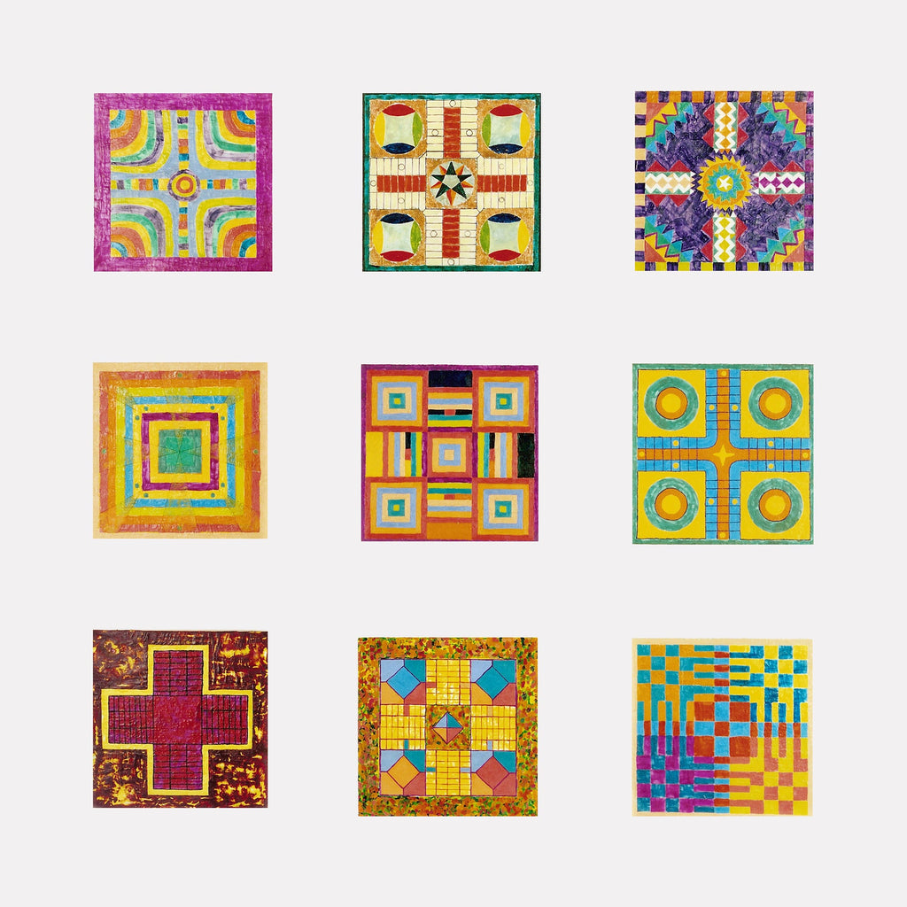 The artwork "ROYAL TOUCH" by Barbara Ellmann features a grid of nine abstract, geometric squares, each with vibrant, contrasting colors and intricate patterns. The rich textures and bold shapes evoke the modernist abstraction of Paul Klee and the rhythmic color harmonies seen in Sonia Delaunay's works, blending playful geometry with dynamic balance.