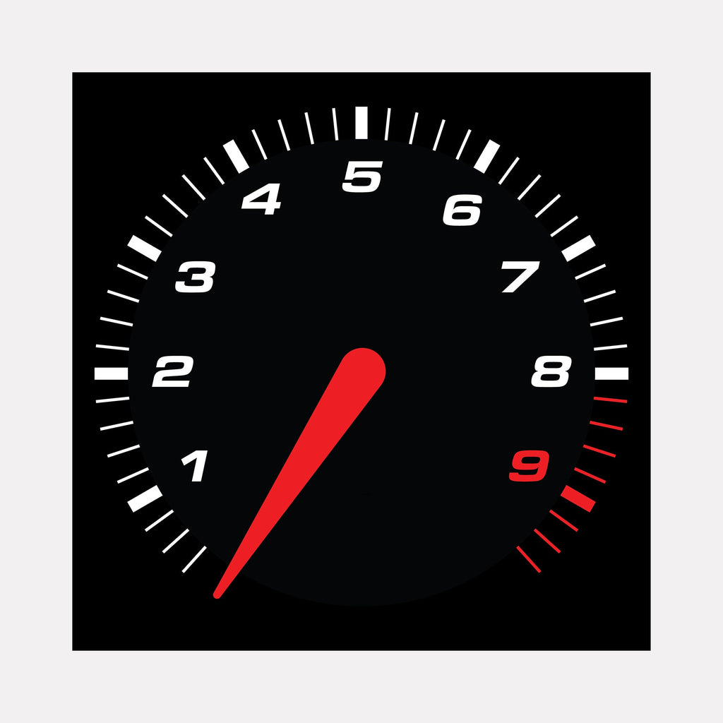 The artwork "RPM" by Harold Herb depicts a stylized tachometer gauge with a black background and white numeric markers from 1 to 9. A bold red needle points near 2, with the number 9 highlighted in red alongside red tick marks. The design merges minimalist precision with graphic clarity reminiscent of Bauhaus and pop art influences.