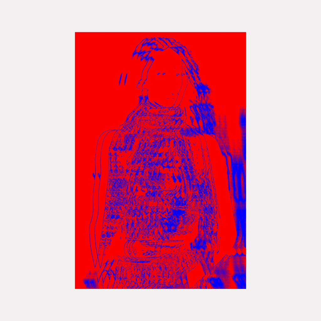 The artwork "R&B" by Harold Herb features an abstract portrait rendered in intense red and electric blue hues with distorted linework and glitch-inspired textures. The mixed media piece evokes a contemporary pop art sensibility, reminiscent of the dynamic distortions in Francis Bacon's figurative works and the vibrant color contrasts seen in Andy Warhol's screen prints.