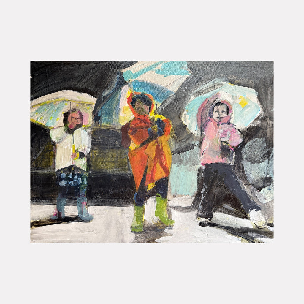 The artwork "Rain Shower" by Chris Baily features three figures standing under umbrellas in an impressionistic style with expressive brushstrokes. The composition uses muted grays and blacks contrasted with vibrant oranges, pinks, and blues. The textured layering and dynamic forms evoke the atmospheric quality found in works by Edward Hopper and Mary Cassatt.