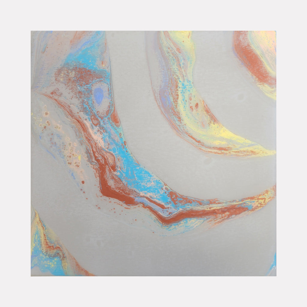 Rainbow Signal by Swann Freslon features soft, swirling abstract forms in pastel blues, warm rusts, and gentle yellows, layered with subtle iridescent highlights that create an airy, fluid composition evoking a sense of calm motion and delicate balance within a serene, contemporary aesthetic.