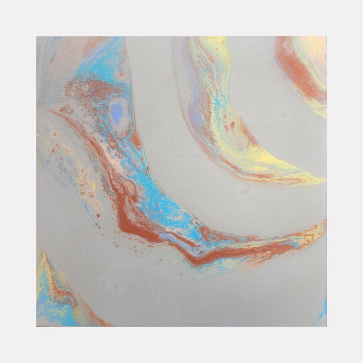 Rainbow Signal by Swann Freslon features soft, swirling abstract forms in pastel blues, warm rusts, and gentle yellows, layered with subtle iridescent highlights that create an airy, fluid composition evoking a sense of calm motion and delicate balance within a serene, contemporary aesthetic.