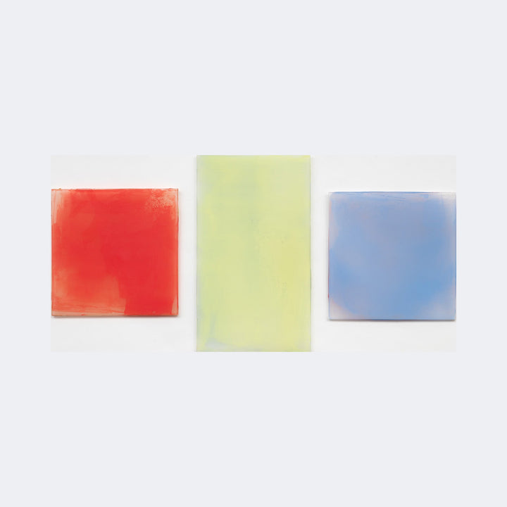 The artwork "Shared Color" by Debra Ramsay features three rectangular panels with soft, diffuse color fields reminiscent of Mark Rothko's abstract expressionism. The left panel is a textured red, the center a pale yellow-green, and the right a muted blue, each showcasing subtle gradients and blurred edges on a white background.