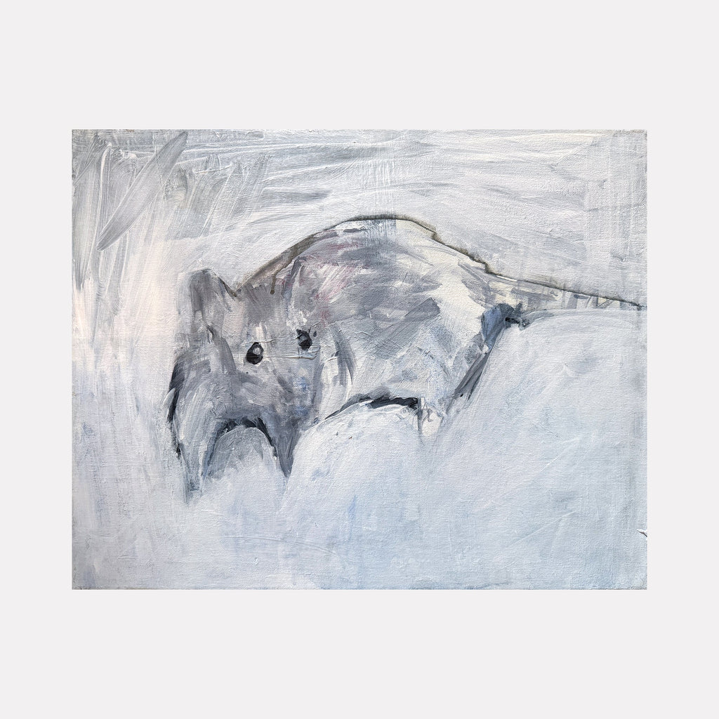 The artwork "Rat" by Chris Baily features an abstract impression of a rat in muted cold grays and whites, with loose brushstrokes creating a textured, ethereal atmosphere. The minimalist palette and softened edges evoke subtle emotion, reminiscent of the understated abstraction seen in works by Cy Twombly and Giorgio Morandi.