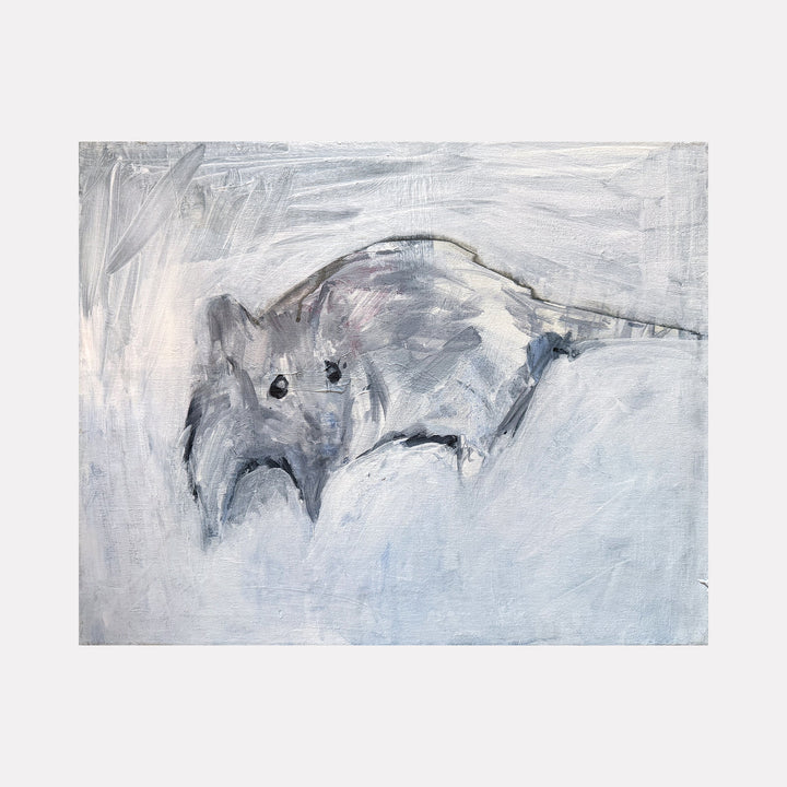 The artwork "Rat" by Chris Baily features an abstract impression of a rat in muted cold grays and whites, with loose brushstrokes creating a textured, ethereal atmosphere. The minimalist palette and softened edges evoke subtle emotion, reminiscent of the understated abstraction seen in works by Cy Twombly and Giorgio Morandi.