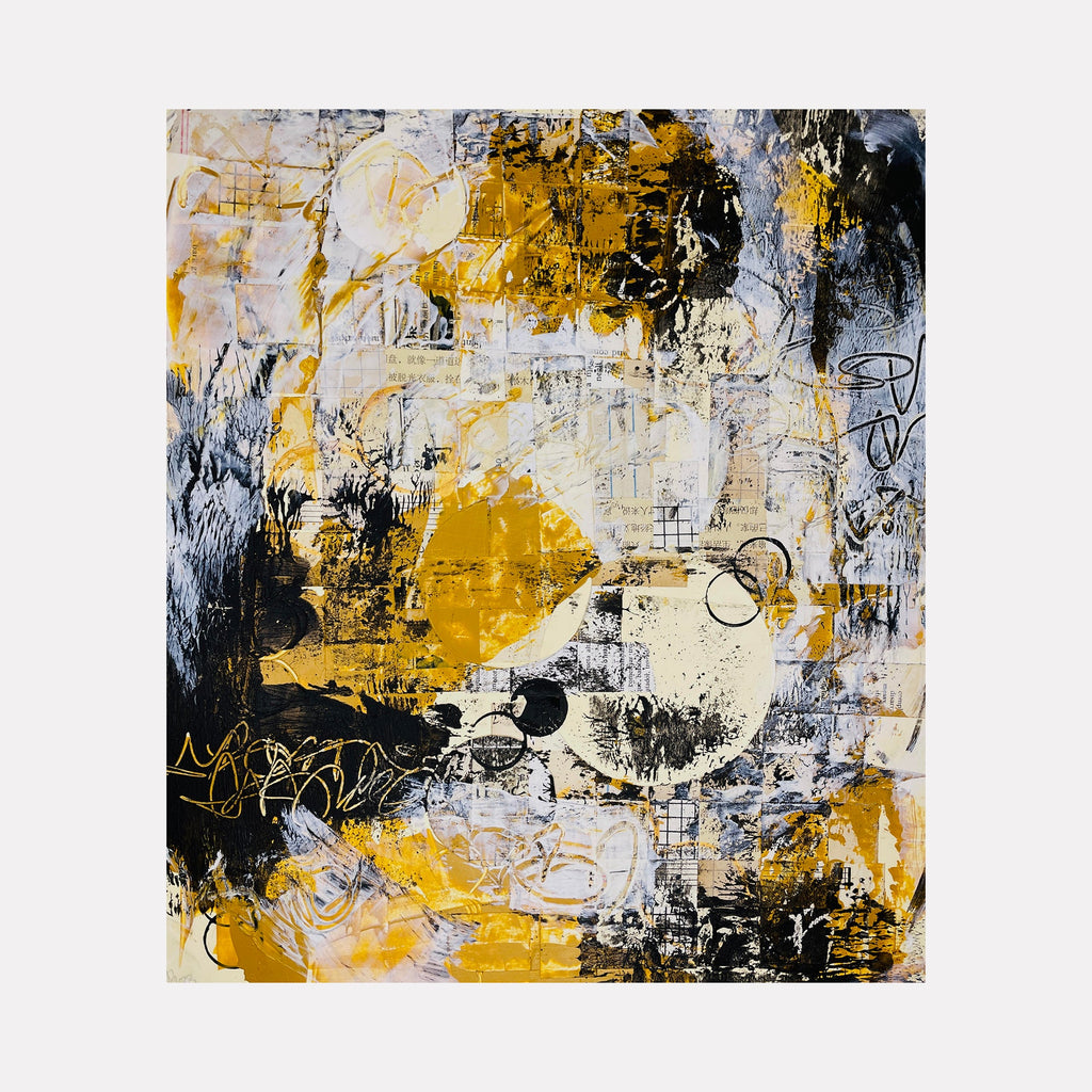 Raw Umber Palimpsest by Alexandra Jamieson: Abstract mixed media artwork featuring layers of ochre yellow, raw umber, and black gestural marks against a white background. Distressed textures and spontaneous scribbles create a dynamic composition with collaged elements and hand-dyed paper, suggesting ancient manuscript aesthetics.