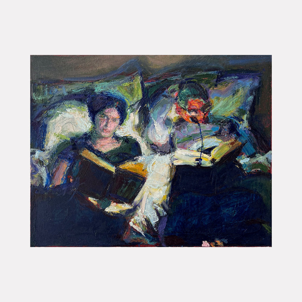 The artwork "Reading Party IV" by Catherine Webb features an intimate scene of two figures reclining and reading, rendered in richly textured, bold brushstrokes with a muted palette of deep blues, greens, and warm highlights. The expressionist style evokes the emotional depth and dynamic composition reminiscent of Edvard Munch and early 20th-century modernist portraiture.
