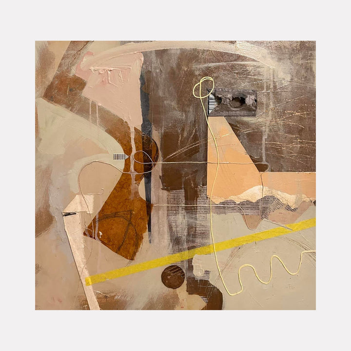The artwork 'Recycled Series 1' by Jose Johann Bitancor features abstract geometric shapes in muted earth tones, including beige, brown, and rust. The composition incorporates curved lines, bold brushstrokes, and textural elements on wood board, with a distinctive yellow linear accent. The mixed media piece creates a harmonious balance between organic forms and structured elements.