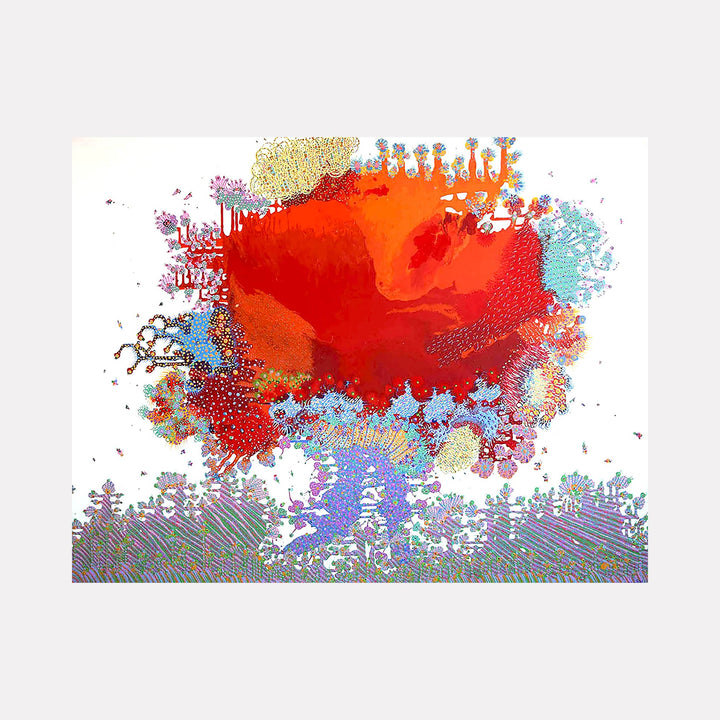 The artwork "Red Explosion In Nature" by Avani Patel features an abstract composition with a central burst of vivid reds and oranges surrounded by intricate, delicate patterns in pastel blues, purples, and yellows. The textured layering and dynamic forms evoke the organic intricacy of Yayoi Kusama and the vibrant color contrasts reminiscent of Helen Frankenthaler’s abstract expressionism.