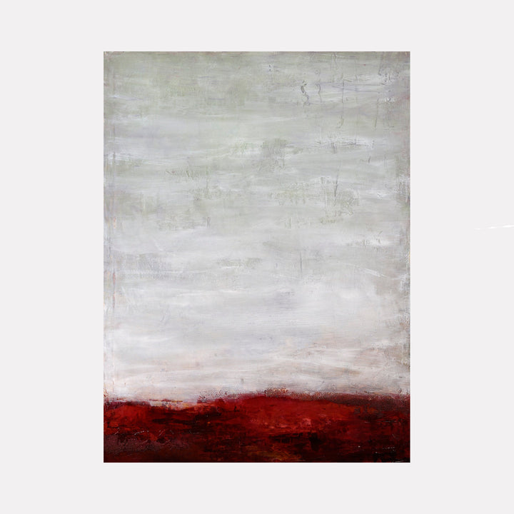 The artwork "Red" by Deborah Chaney features an abstract landscape with a textured, deep crimson foreground contrasted against a muted, cloudy gray sky. The style echoes the emotive color fields of Mark Rothko, blending raw texture and subtle tonal shifts to evoke mood and depth in a minimalist composition.