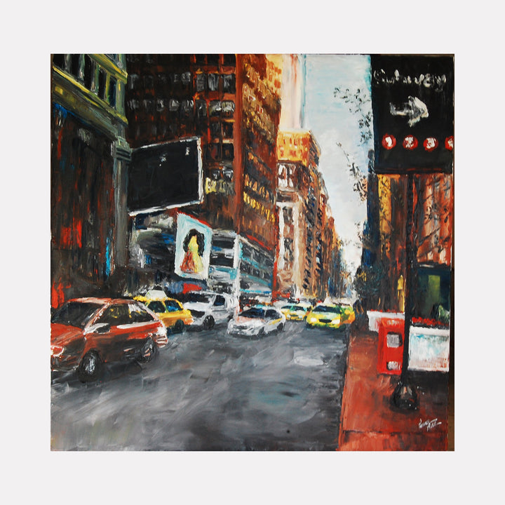 The artwork "Red Line" depicts a vibrant city street scene with tall buildings lining both sides, featuring various vehicles including taxis and cars on a wet-looking road. Warm tones of red, orange, and yellow blend with cooler blues and grays, creating a textured urban atmosphere. Painted by Lauren Luna.