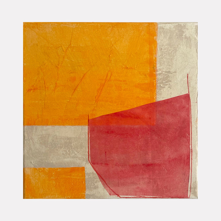 The artwork "Red, Orange and Buff III" by Diane Englander features an abstract composition with bold geometric shapes in vibrant red, deep orange, and muted buff tones. The textured surfaces and layered mixed media evoke the minimalist abstraction and color sensibilities reminiscent of Mark Rothko and Richard Diebenkorn.