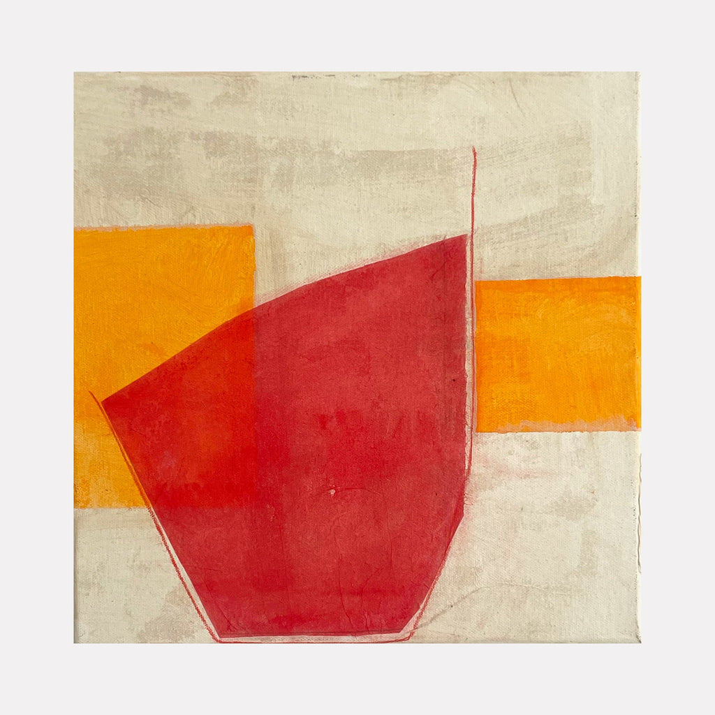 The artwork "Red, Orange and Buff IV" by Diane Englander features an abstract composition with bold geometric shapes in vibrant red, bright orange, and soft buff tones. The layered textures and clean lines evoke a modernist feel reminiscent of the color field works by Mark Rothko and the precise abstraction of Ellsworth Kelly, blending dynamic simplicity with subtle depth.