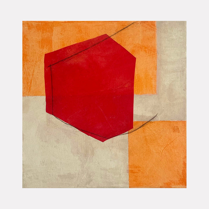 The artwork "Red, Orange and Buff VII" by Diane Englander features an abstract geometric composition with a bold red irregular polygon centered against textured blocks of warm orange and muted buff tones. The layered, mixed media surfaces evoke minimalist abstraction reminiscent of Josef Albers’ color studies and the spatial balance found in Ellsworth Kelly’s works.