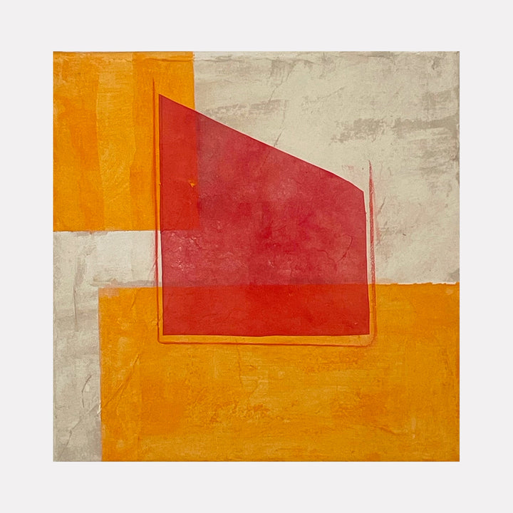 The artwork "Red, Orange and Buff V" by Diane Englander features a minimalist abstract composition with bold geometric shapes in vibrant red, orange, and muted buff tones. The textured mixed media surface and clean lines evoke a sense of balance and depth, reminiscent of the color field works by Mark Rothko and the geometric abstraction of Josef Albers.