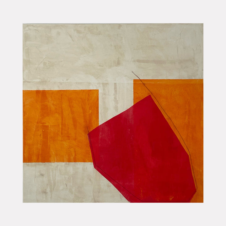 The artwork "Red, Orange and Buff VI" by Diane Englander features a minimalist abstract composition with bold geometric shapes in deep red and vibrant orange set against a textured, buff-colored background. The use of crisp lines and flat color planes evokes a refined balance reminiscent of works by Josef Albers and Ellsworth Kelly.