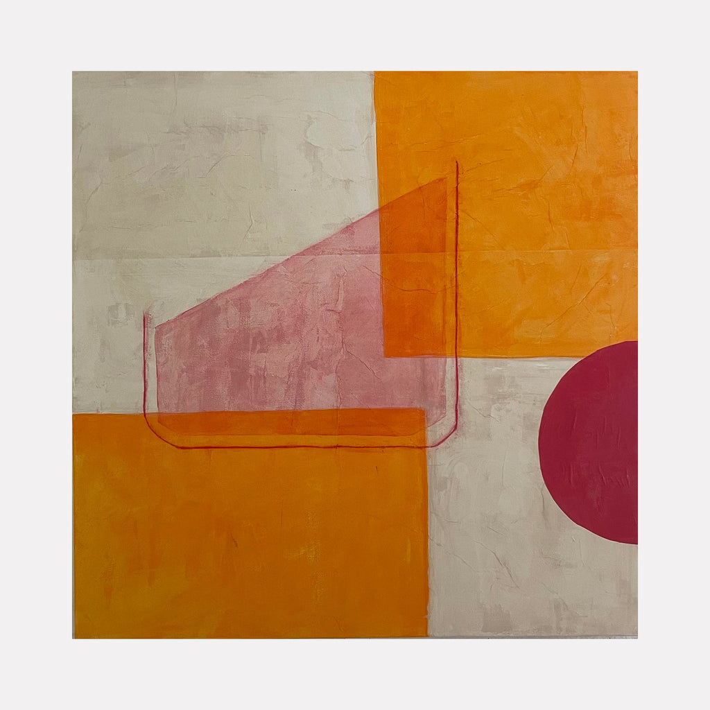 The artwork "Red, Orange and Buff" by Diane Englander features abstract geometric shapes in bold red, orange, and buff tones. The composition includes overlapping rectangles and a partial circle, with textured brushstrokes creating depth. The style evokes elements reminiscent of mid-century modern abstraction and the works of artists like Josef Albers and Agnes Martin.